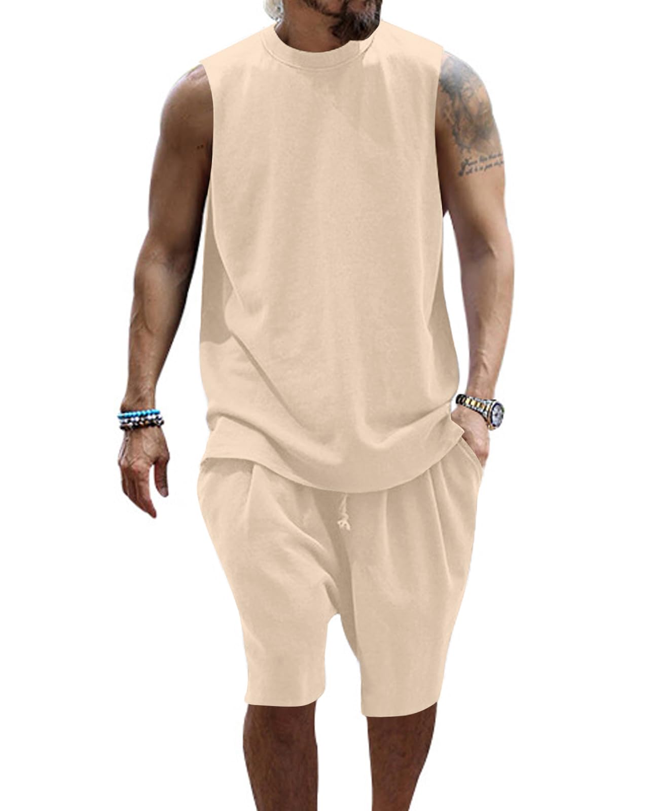 PRIVIMIX Herren 2 Teiliges Trainingsanzug Sommer Outfit Set Tank Top Ärmellose T-Shirts und Shorts Set Jogginganzug Kurzarm Casual Freizeitanzug Tracksuit M-3XL