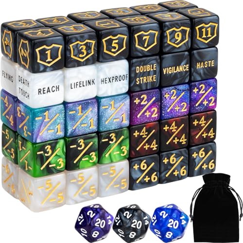 63 Pieces Abilities Keyword Counter Dice Bulk MTG Dice Counters Set Magic Plus 1 Life Buff Tokens for MTG, TCG, Card Gaming Accessories