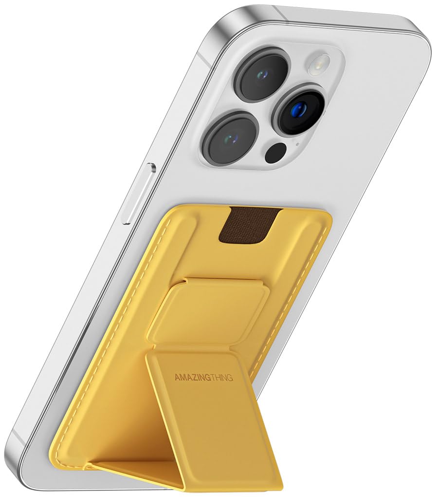 at AMAZINGthing Amazing Thing Smoothie Pro MagSafe Compatible Magnetic Wallet Card Holder with Hand Grip and Multi Angle Stand for iPhone 16, 15, 14, 13 & 12 series - Khaki Yellow