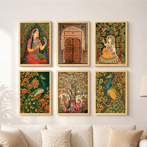 Image of PAINTINGMANTRA Madhubani Paintings For Living Room, Mughal Queen Floral Madhubani Wall art Painting for Bedroom, home wall Decoration item, Set of 6, 9x13 Inch