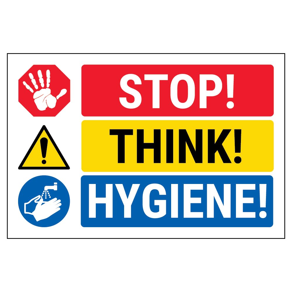 V Safety STOP! THINK! HYGIENE! 150 x 100 mm - 1mm Rigid Plastic Safety Sign