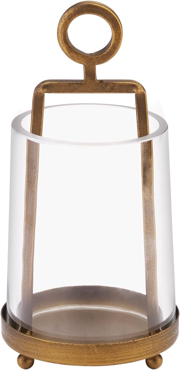 3.3" Wide Modern Metal Hurricane Lantern with Handmade Sturdy Glass Sleeve in Brass for Tealight Candle & Plants, Farmhouse HurricaneIndustrial, Minimalistic, Shabby Chic (1, Brass, 3.3"x5.2") 3.3"x5.2" Brass 1
