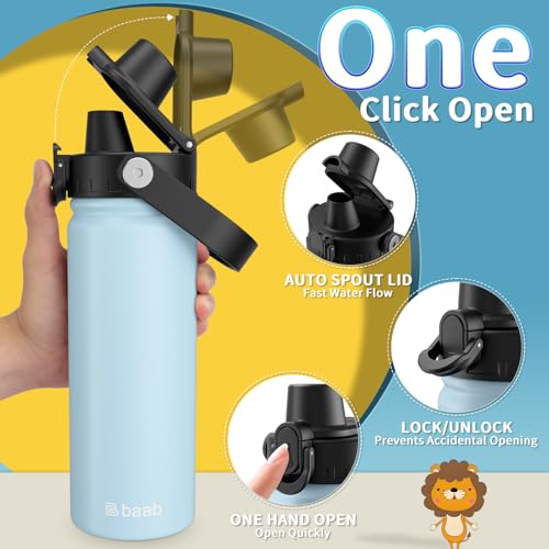 Image of baab 18oz Kids Water Bottle, Insulated Kids Water Bottle with Lockable Spout Lid & Stickers, 18 /8 Stainless Steel Vacuum Leakproof Kid Water Cup for Boy Girl School (Navy Blue+Light Blue, 2 Pack)