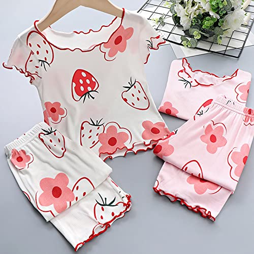 Girls Cotton 𝐏a𝐣ama Set Cute Strawberry 𝐏ajamas Short Sleeve Ribbed Knit Sl𝐞epwear Tween Ruffled Edge Loung𝐞wear3