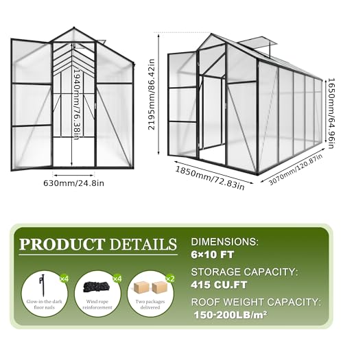 Vigo huseeo 7.2FT High 6*10.2FT Greenhouse for Outdoors,Polycarbonate Greenhouse with Stronger Wind Protection and Roof Vent,Walk-in Large Aluminum Sunroom Winter Proof,Black