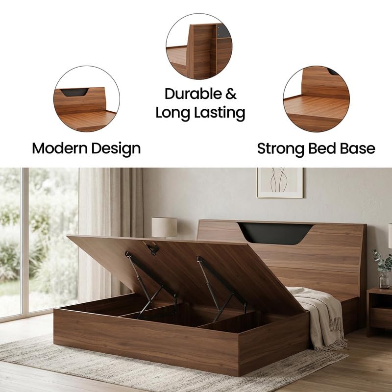 Image of Royaloak Zen Queen Bed with Storage, Engineered Wood with Melamine Finish, Slanting Headboard, Modern Durable Bed Frame