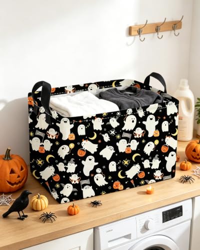 Image of Essme Rectangular Halloween Baskets,Ghost Storage Box,Cute Basket for Kids with Handles for Room Decor, Book Bins,Shelf Basket.(Ghost)