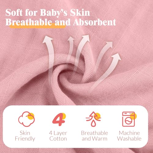 Image of Preboun 6 Pcs Muslin Hooded Baby Towels and Washcloths 32 inchx 32 inch Cotton Newborn Bath Towel Anti-Shrink Infant Baby Blankets with Hood 12 inchx 12 inch Washcloths for Girl Boy Toddler(Pink,Dark Pink)