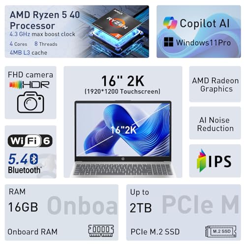 Image of HP 2026 OmniBook 3 16 inch 2K IPS Touchscreen 300 nits Laptop, AMD Ryzen 5 40 CPU, 16GB RAM, 2TB SSD, Advanced AI Noise Reduction, Microsoft Copilot Key, Win11 Pro, w /Laptop Cooler, Glacier Silver