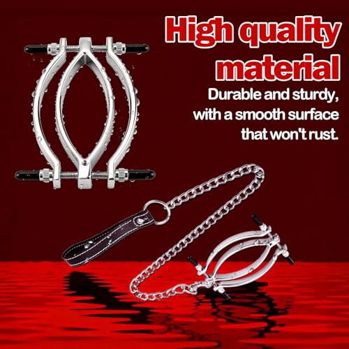Image of Vaginal Spreader Metal Adjustable Clit Clamp with Sex Leash Stainless Steel Vaginal Clamps BDSM Toys Labia Pussy Spreader Bondage Restraints Fetish Kinky Sex Toys for Women Couples Beginners