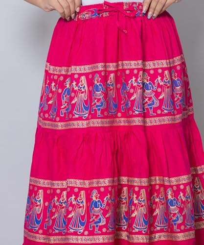 Image of Women's Cotton Printed Long Skirt | Ethnic Folk Print Tiered Maxi Skirt for Women | Elastic Waist Flared Boho Skirt | Traditional Casual for Women