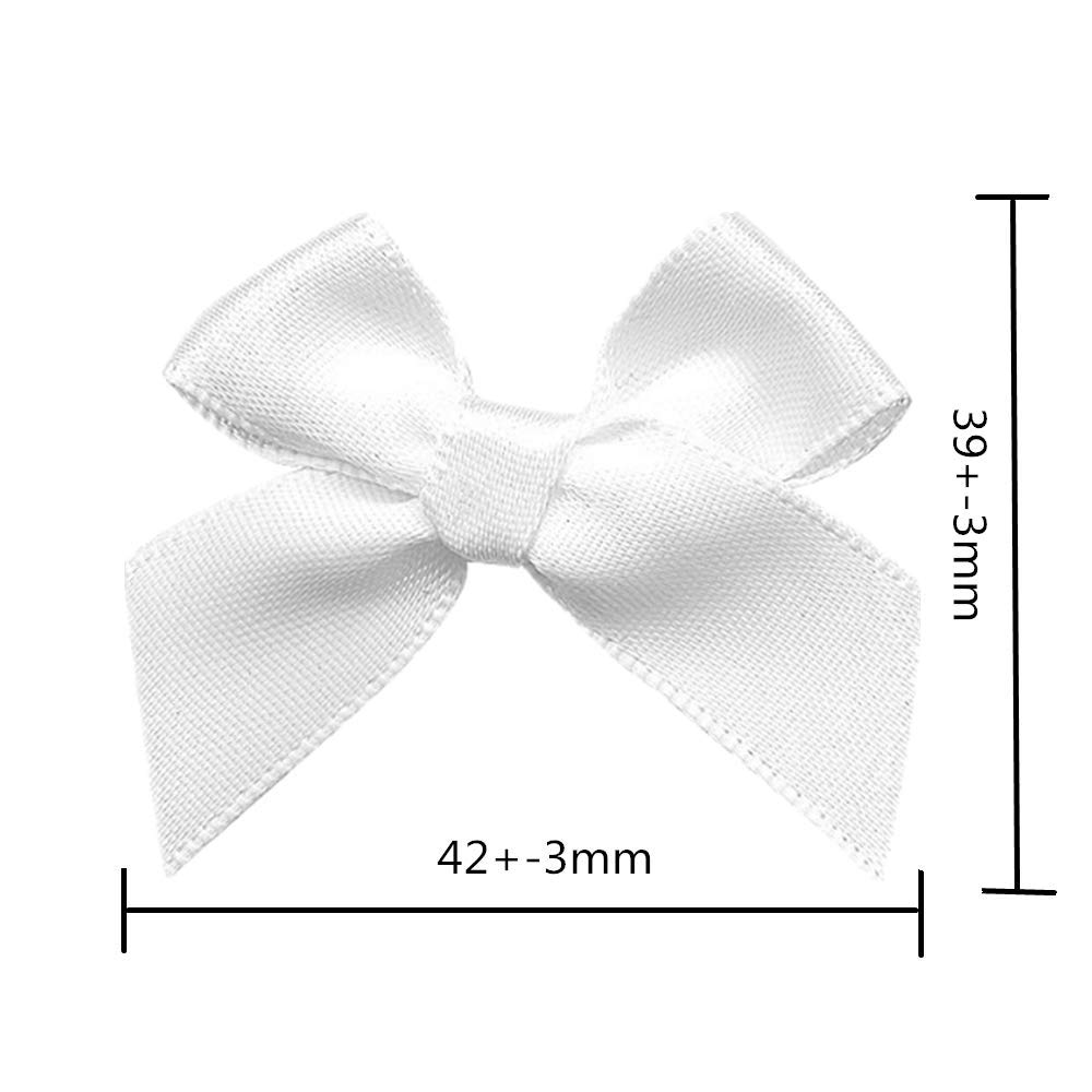 50pcs Mini Satin Ribbon Bows Fabric Ribbon Flowers 42mm x 39mm Appliques DIY Craft for Sewing, Scrapbooking, Wedding, Christmas Gift Warpping (White)