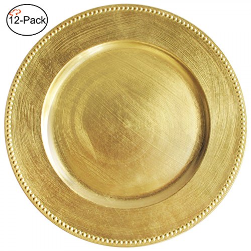 (Set Of 12) 13 Inch-Gold Charger Plates With Decorative Beaded Rim. The Perfect Finishing Touch For Holidays`table Settings! Plates Have Stylish Presentation Under Dinner Plates (12) #TOP3