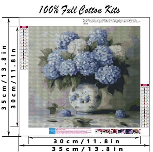 Image of MYBISYMQQ Hydrangea Cross Stitch Kits for Adults Beginners - 11CT Stamped Vintage Blue Flower Vase Embroidery Kit, DIY Pre-Printed Needlepoint Patterns for Home Wall Art Decor, 13.7x13.7 Inches