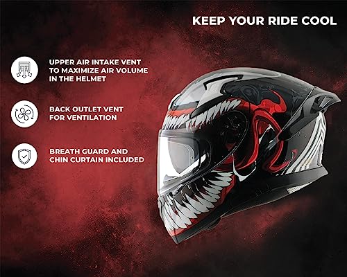 Image of Axor Apex Marvel Venom Full Face Motorbike Helmet, Premium Graphic Finish with Sporty Aerodynamic Design - Black Red - XL