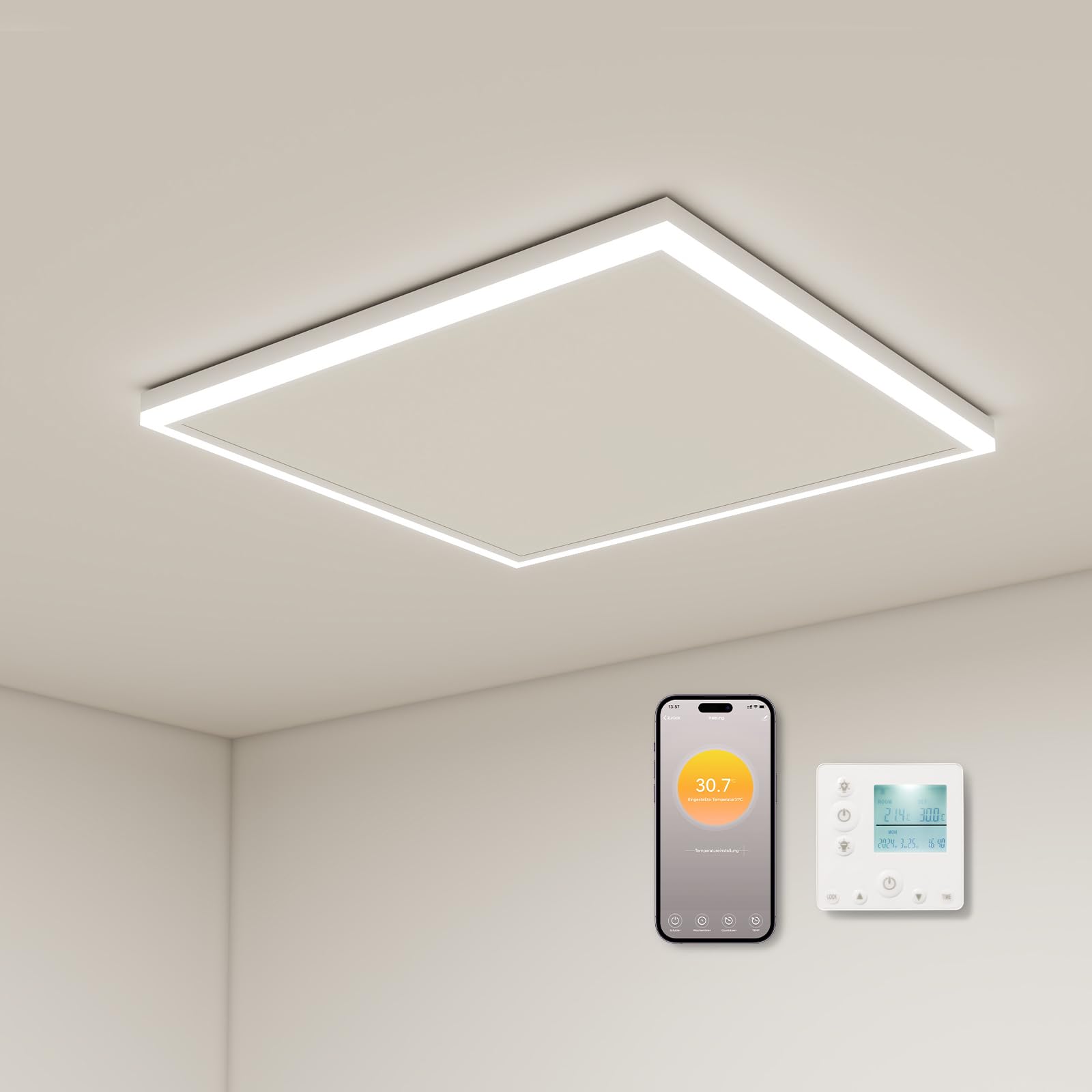 Calefacción infrarroja con termostato, 400 W, calefacción de techo, infrarrojos con iluminación LED, calefacción infrarroja, montaje en techo, control por aplicación, calefacción eléctrica, panel
