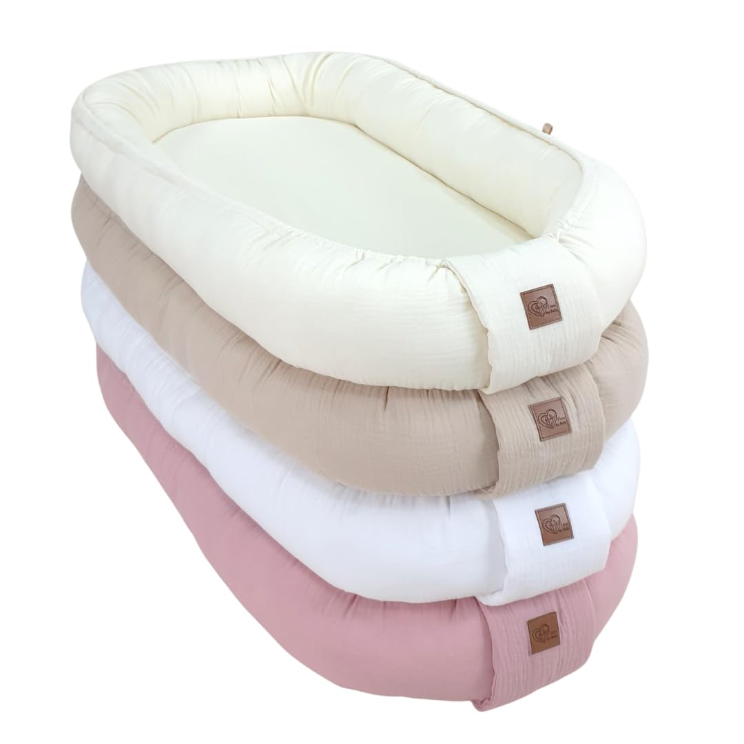 WIKLINOPOL Babynest, Nestchen für Neugeborene – Baby Nestchen 80x46 cm in Beige, Tragbares Nest aus Musselin - Baby Nest für Neugeborene mit herausnehmbarer Matratze