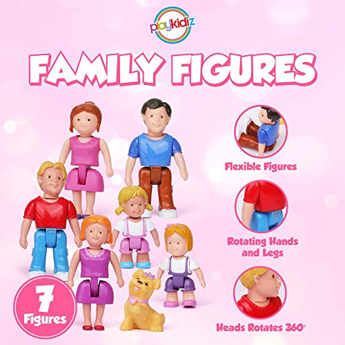 Playkidiz Family Figures - Set of 7 Little Toy People to Play in Dollhouse Including Parents, Siblings and Pet - Dollhouse Accessories for Kids