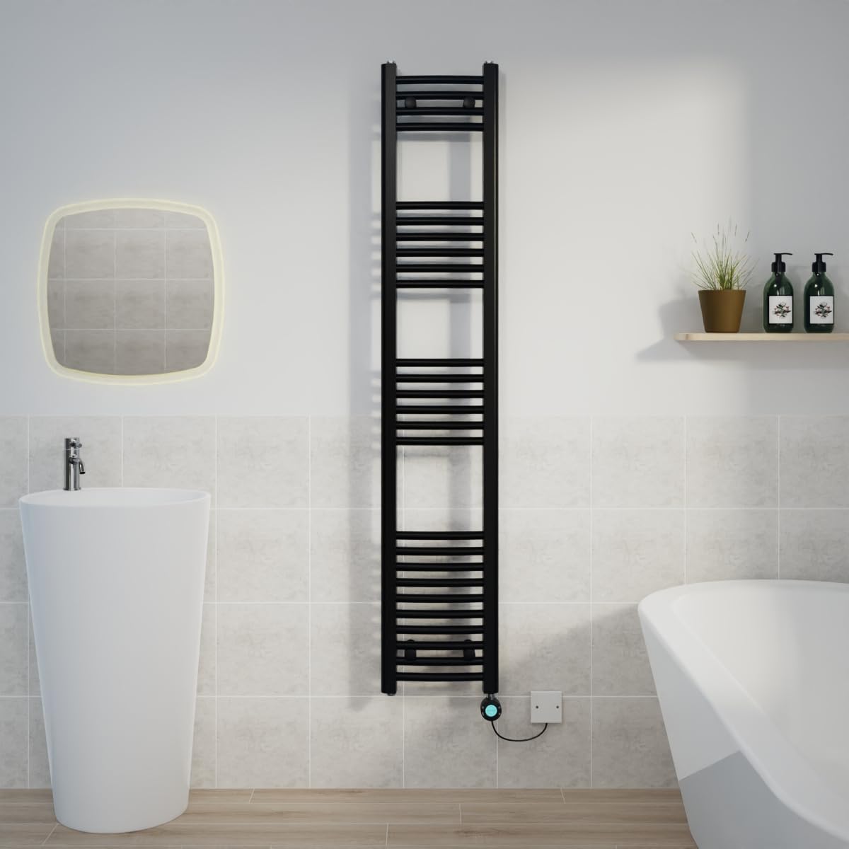Warmehaus Black Electric Heated Towel Rail Curved Thermostatic Bathroom Towel Radiator With Timer Prefilled - 1600X300mm 800W