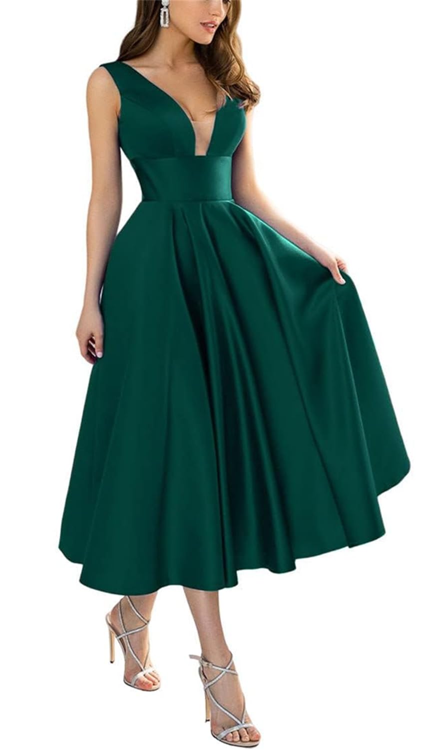 Kurface Women's Emerald Green Satin Bridesmaid Dresses For A Line Elegant Tea Length Wedding Guest Dress Prom Gown Uk16