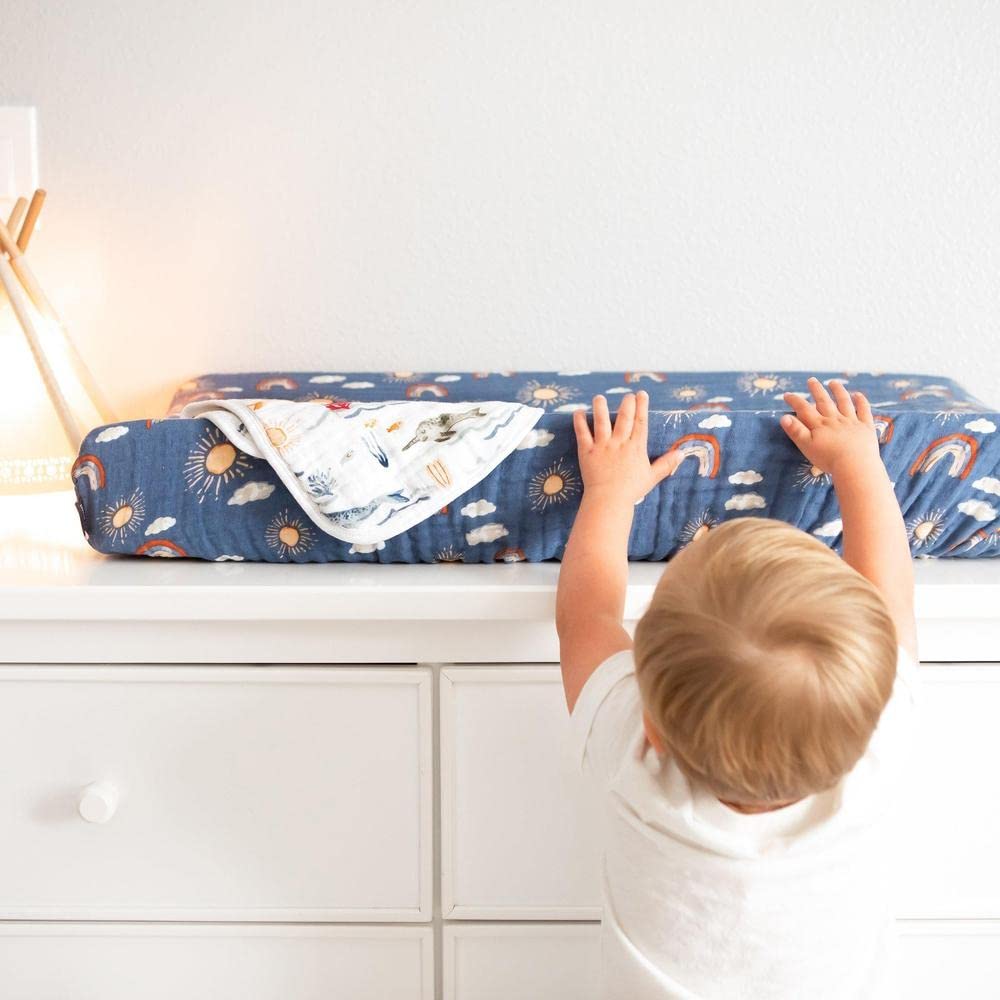 Bebe au Lait Premium Muslin Changing Pad Cover-Elasticized Fit, Safety Strap Holes,2-Layer Open-weave,100% Cotton Muslin, Fits Standard Baby Changing Pad up to 36" X 18" X 6"-One Size, Hello Sunshine