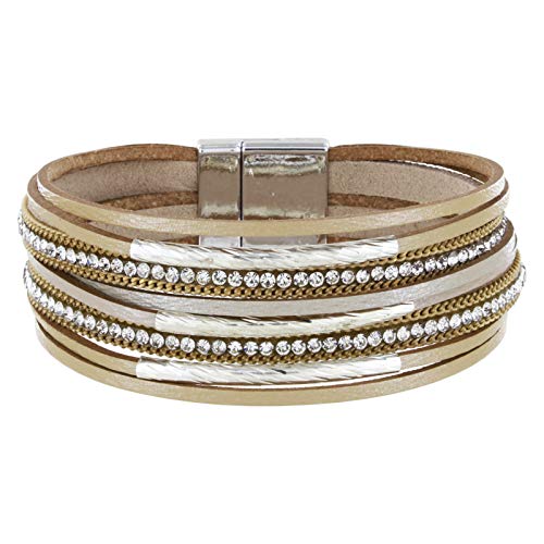 StarAppeal Bracelet en cuir avec strass, chaînes et éléments de bijoux, fermeture magnétique argentée, bracelet pour femme (doré)