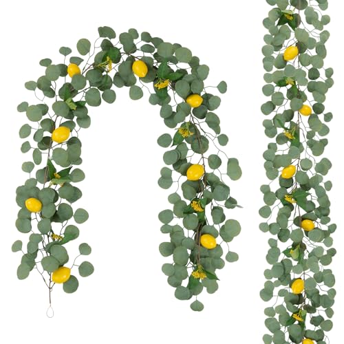 UArtlines 2Pcs Total 12.6 Ft Artificial Lemon Garland Spring Summer Faux Fruit Vine Garlands with Greenery Eucalyptus Leaves for Door Wall Mantle Wedding Party Table Decorations