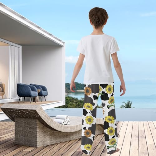 visesunny Boys Pants Black White Cow Sunflower Soft Long Bottoms Jogger Pants Elastic Waist Trousers with Pockets XL3