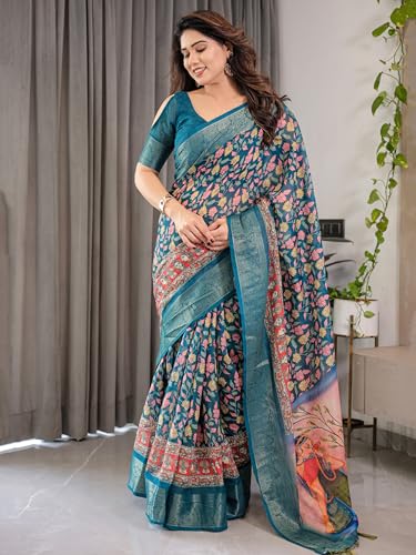 Image of ALMAARI FASHION Handloom Cotton Saree, Teal Blue with Pink-Yellow Floral Print, Silver Zari Border, 5.5 Metres