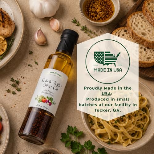 Image of Lesley Elizabeth Extra Virgin Olive Oil with Double Roasted Garlic, 8.5 fl oz - Small-Batch Garlic-Infused EVOO for Dipping, Drizzling, Marinades & Everyday Cooking - All-Natural, Plant-Based Ingredients