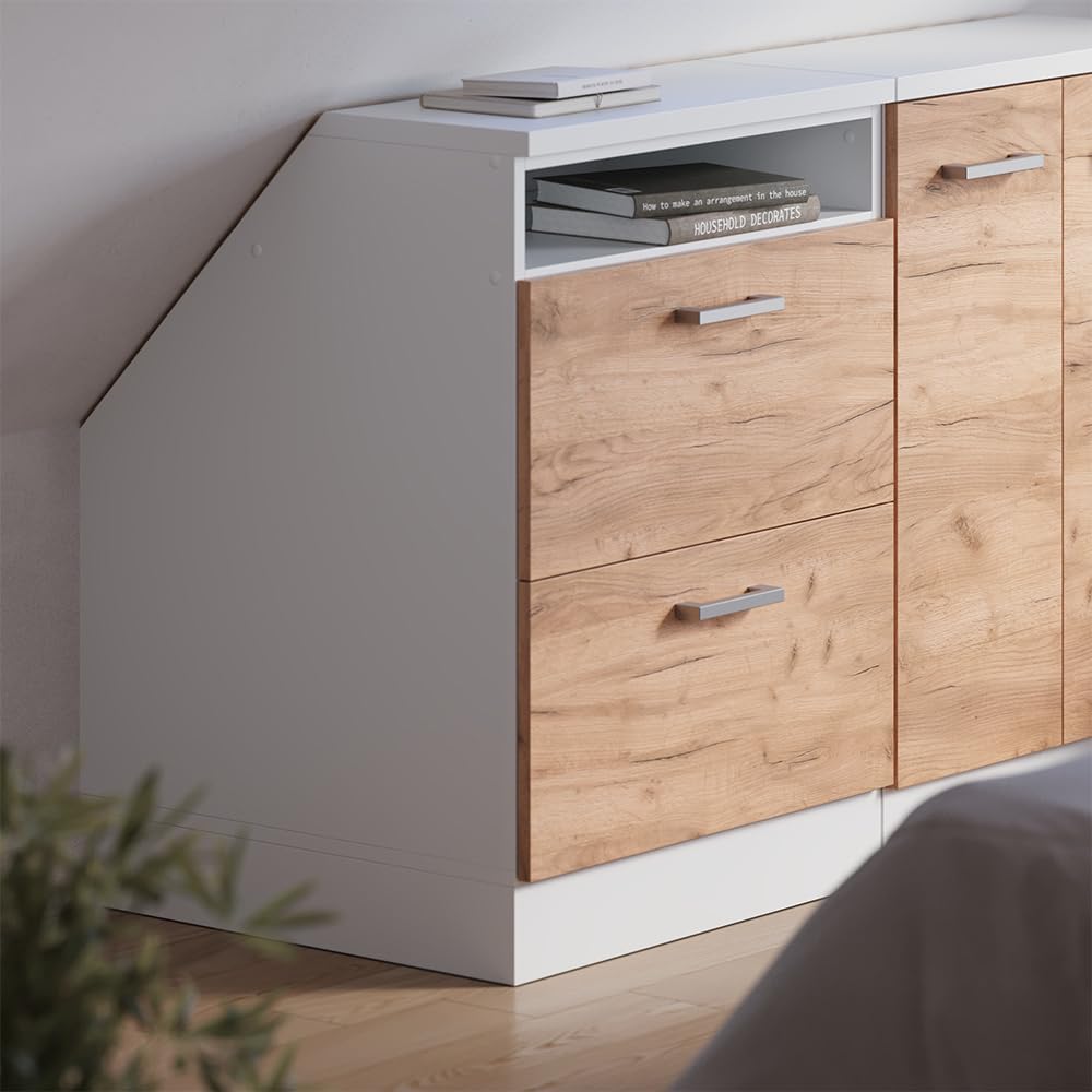 Vicco Meuble de Rangement sous Pente Rion, Chêne de Force doré/Blanc, L60 x P60 cm avec 2 tiroirs, Gain de Place pour Les pièces mansardées