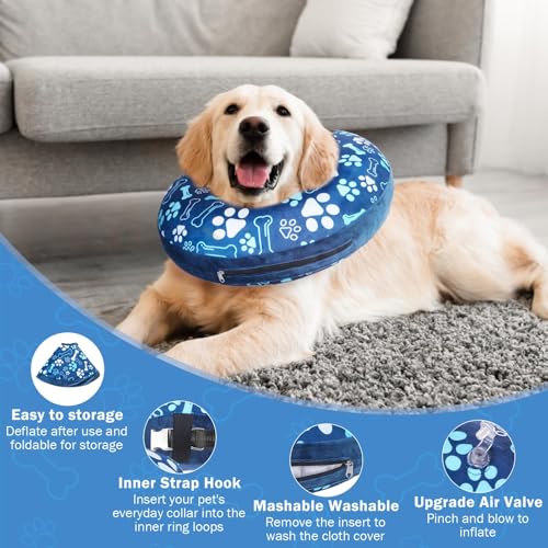 Image of SCENEREAL Dog Cone Alternative After Surgery Donut Collar, Soft Pet Recovery Pillow Collar for Medium Large Dogs, Inflatable Adjustable Neck Collars to Prevent Licking, Bone and Paw Print E-Collars