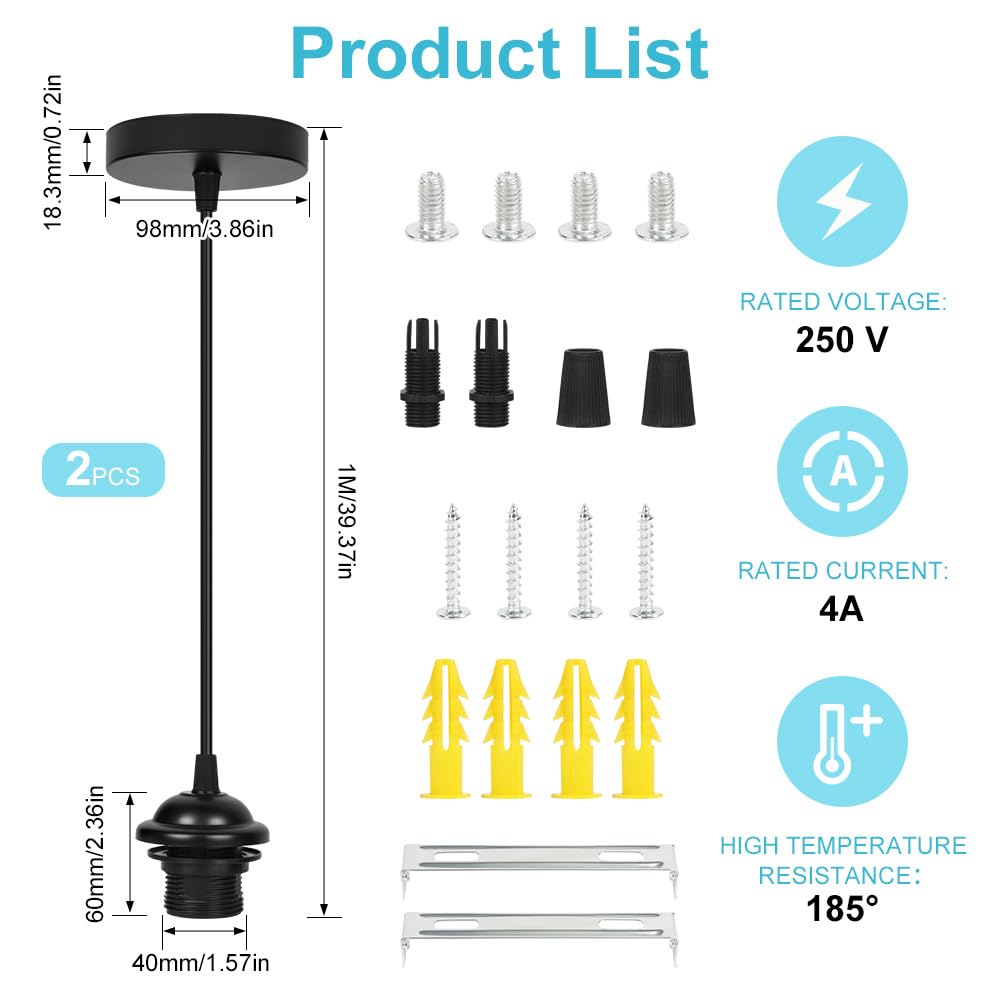 AUAUY 2 Pack Black Pendant Light Fitting, E27 Lamp Holder for Ceiling Pendant Light with 90CM Adjustable Cable - Image 2
