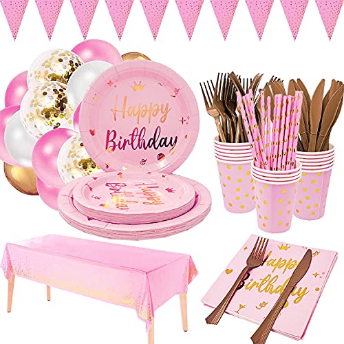 Pink Birthday Plates,Pink Birthday Party Plates Supplies pink Paper Plates Cups Napkins Sets, For Pink Birthday Party Decorations for Girls and Women,Serve 16 Guests(Pink)