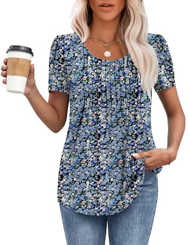 MOLERANI T Shirts for Women UK Round Neck Loose Casual Puff Short Sleeve Summer Tee Tops Front Pleated T Shirt Blue Flower Sea S