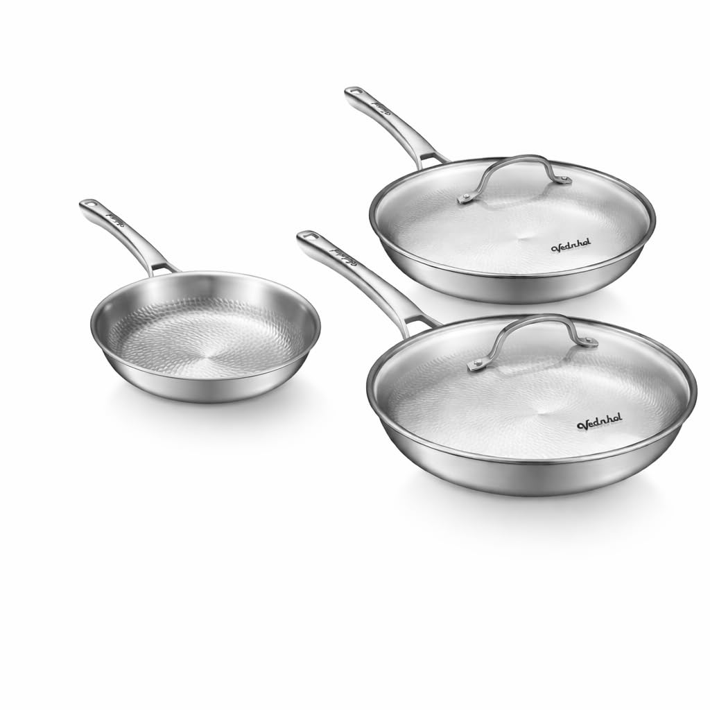 Photo 1 of VEDNHOL Titanium Pans set with 2Lids,8+10+12Inch Pure Titanium Hammered Upgarde Pro Non-Toxic Skillet for Cooking, PFAS/PFOA/PTFE Free Cookware, Dishwasher&Oven Safe, Kitchen Induction Compatible