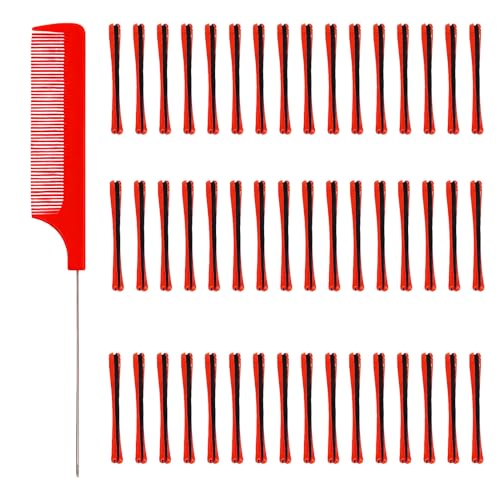 48 Pieces Perm Rods for Short Hair Perming Kit Hair Rollers Perming Rods with Steel Pintail Comb Rat Tail Comb Small Size Hair Curlers for Hairdressing Styling Supplies (0.2 Inch Red)