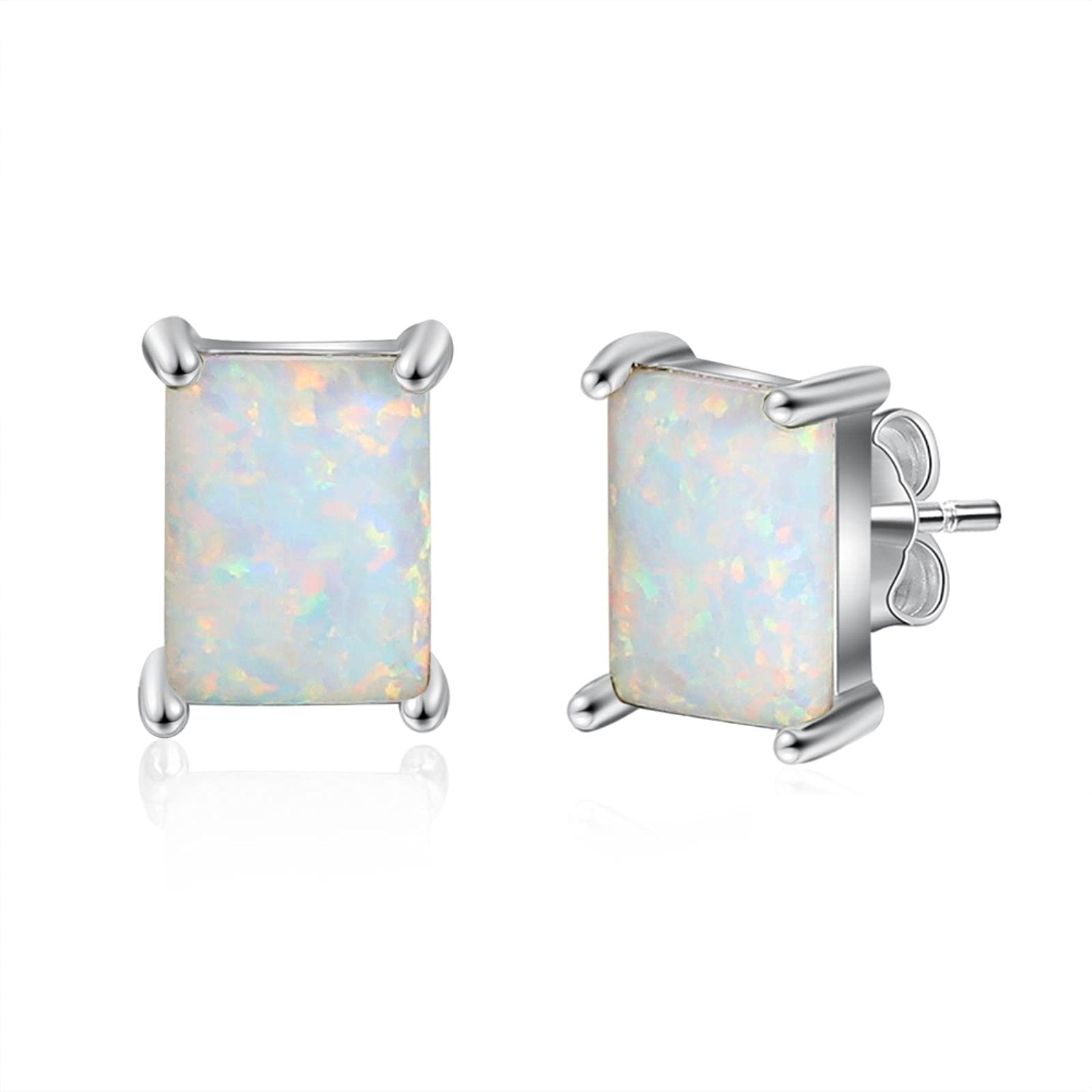 Salan Women's Silver Rectangular Opal Stone Earrings Simple 925 Sterling Stud Earrings For Engagement Wedding Jewelry