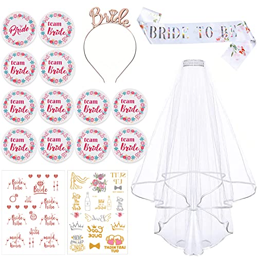 17Pcs EVJF Accessoire, Enterrement de Vie de Jeune Fille, Kit Badges EVJF avec 11 Équipe Brides Badges, 1 La Mariée Badges, Future Mariée Echarpe EVJF, 2 Tatouage, Voile, Diademe, Decoration EVJF