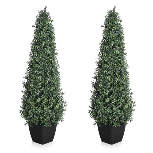 Artificial Boxwood Topiary Trees - Cone Shape Fake Plant with Modern Black Planter, 3FT Faux Outdoor Plants for Indoor Front Porch Plants Set of 2