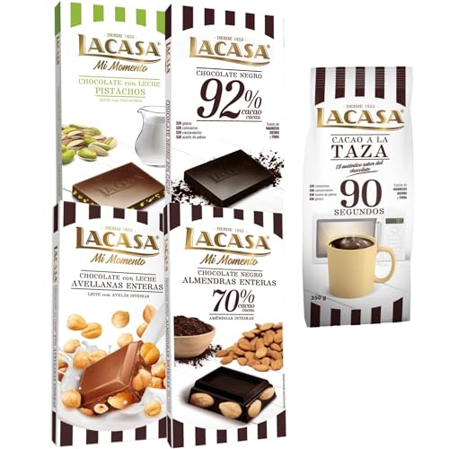 Lacasa pack 5 tabletas de chocolate: taza 90 segundos 350g,leche avellanas 100g,leche pistacho 90g,cacao 92% 100g, almendra 200g