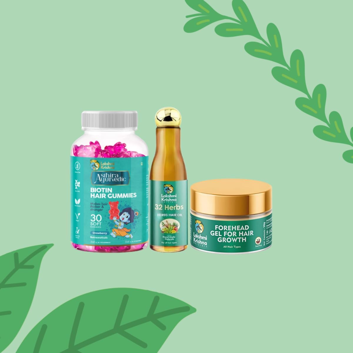 Lakshmi Krishna Hair Nourishment Kit || Natural Hair Oil, Biotin Hair Gummies, Forehead Gel || Aloe Vera, Vitamin B12