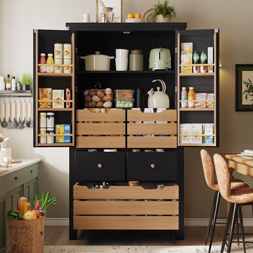 Goldicoo Armario de cocina 80 x 40 x 140 cm, buffet multiusos con 2 puertas y 5 cajones, MDF y material PB, negro, muebles de almacenamiento para cocina y comedor