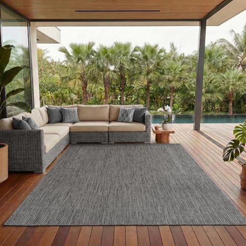 Outdoor Teppich Wetterfest Einfarbiges Design Terrasse Balkon Teppich Küche Garten Sisal-Look Küchenteppich Läufer Flur Teppich 160 x 230 cm, Farbe: Grau