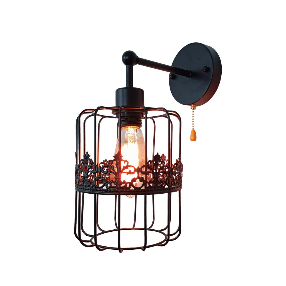 Steampunk Black Wall Mount Light Retro Industrial Wall Sconce Wire Cage Wall Lamp with Pull Chain Switch, Farmhouse Wall Lighting Fixture Hardwired Lamps for Bedroom Loft