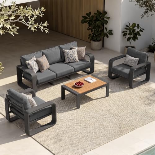 Image of Oversized Aluminum Outdoor Furniture Set, Extra Large Patio Furniture Sofa Set 4.8 inch Widened Armrest & Ultra-Thick Cushions, 4 Pcs Modern Patio Sectional for Backyard, Porch, Graphite