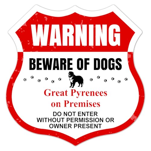 Great Pyrenees Metal Signs Gifts, Beware of Dog Signs for Fence, Warning Dog on Premises Yard Sign, Home Kitchen Farm Garden Garage Shield Wall Decor, 12x12inch