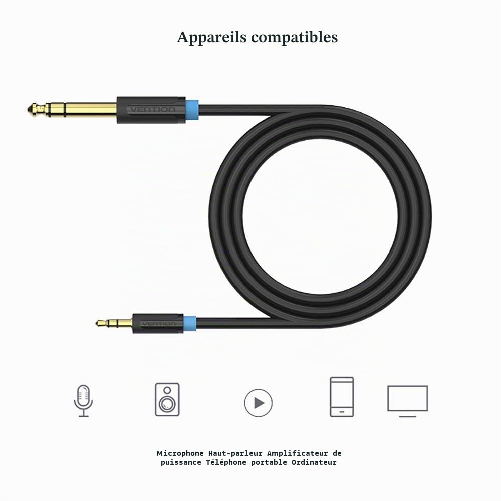 VENTION Câble Audio 3.5mm vers 6.35mm Stéréo Jack, Câble Jack TRS 6.35 Mâle vers 3.5 Mâle pour Guitare, Haut Parleurs, Table de Mixage, Amplificateurs Cinéma Maison (0.5m/1.6ft)