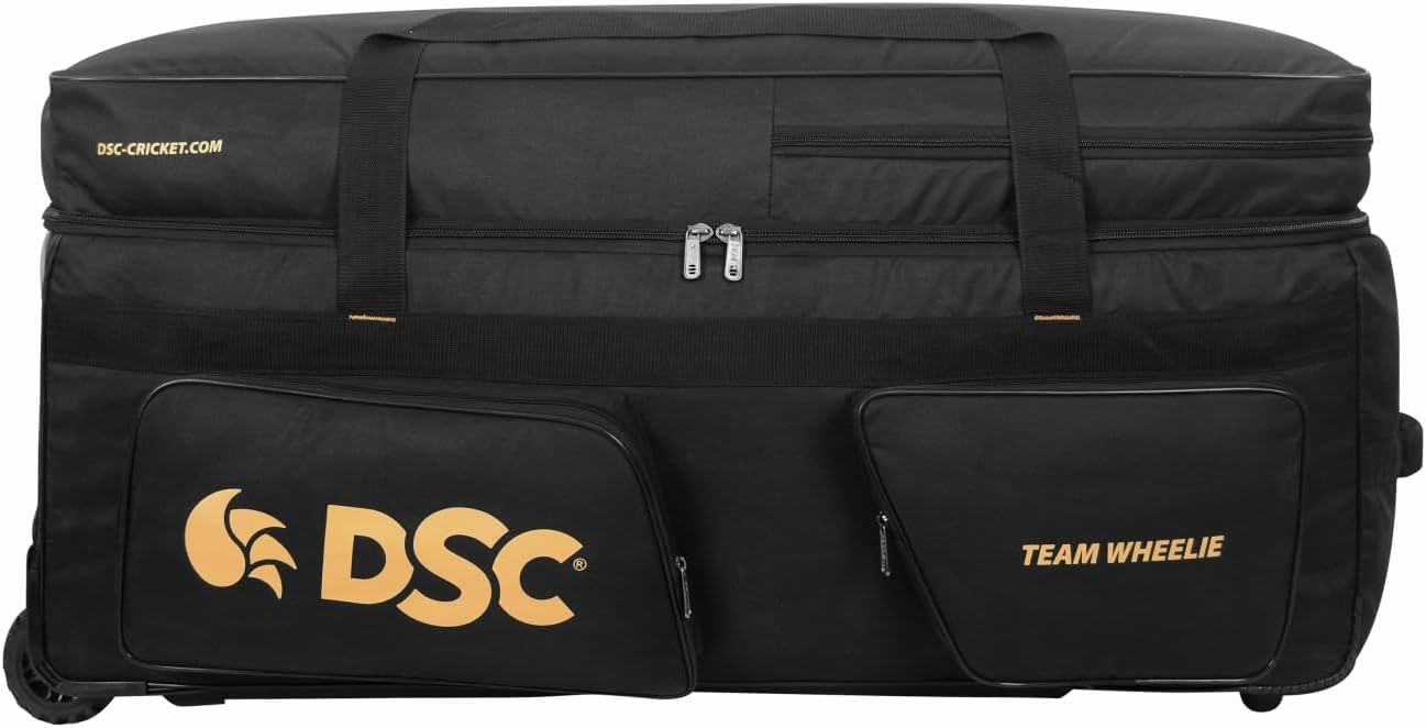 DSC Team Cricket Kit Bag with Wheels - Large Capacity Sports Equipment Travel Bag for Players, Color - Black/Gold