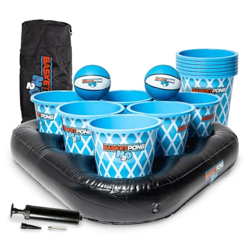 BasketPong H2O Inflatable Pool Pong Game with Buckets and Balls Water Yard Game for Outdoor Fun Lawn Beach or Backyard Includes 12 Buckets 2 Balls Floats Bag and Air Pump